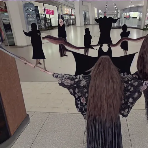 Image similar to security camera footage of two witches performing a summoning ritual in the middle of a mall