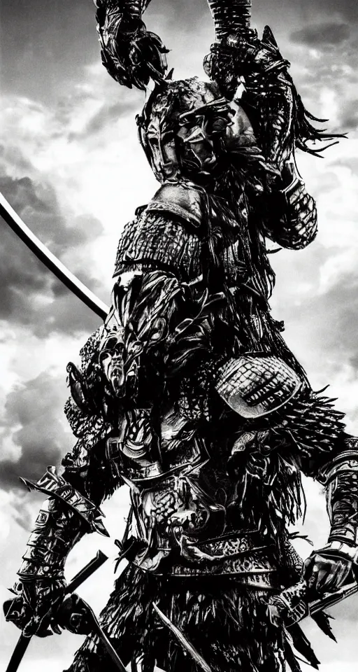 Image similar to movie film poster art for hiroyuki sanada as samurai verses predator. in the style of ansel adams, frank frazzetta, realistic, detailed, octane