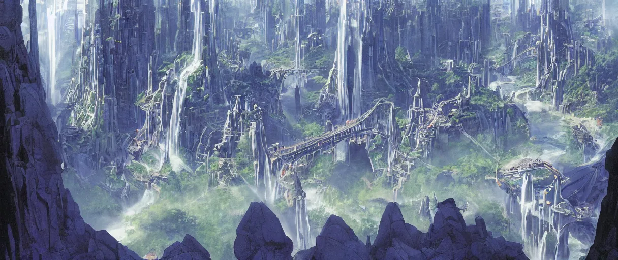 Image similar to A beautiful illustration of a futuristic city of bridges built on a world of waterfalls by Robert McCall and Ralph McQuarrie | sparth:.1 | Time white:.2 | Rodney Matthews:.2 | Graphic Novel, Visual Novel, Colored Pencil, Comic Book:.4 | unreal engine:.3 | | viewed from above | establishing shot:.7