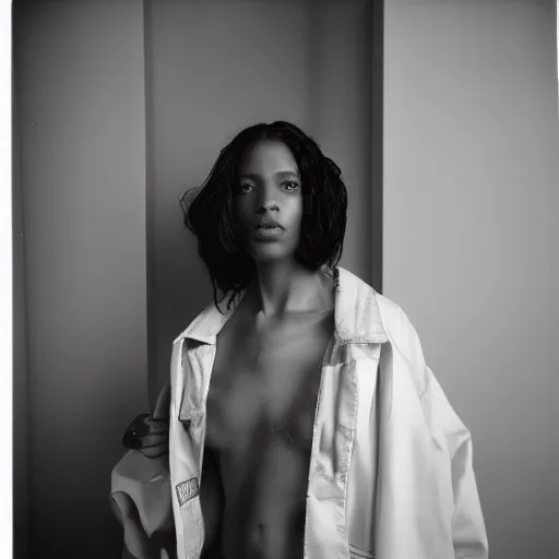 Image similar to realistic! photoshoot for a new vetements lookbook, color film photography, portrait of a beautiful woman, location in a apartment, in style of tyler mitchell, 35mm