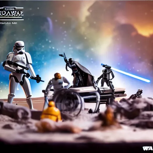 Image similar to a detailed photo of a epic diorama of star wars toys, macro photography, zoom, table, studio lighting