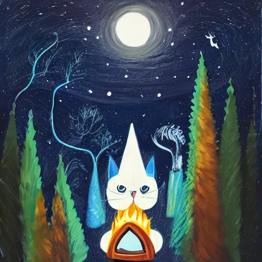 Prompt: cat wearing a wizard hat in a forest at night in front of a campfire under a full moon, painted