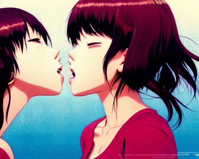 Image similar to two girls kissing | very very anime!!!, fine - face, audrey plaza, realistic shaded perfect face, fine details. anime. realistic shaded lighting poster by ilya kuvshinov katsuhiro otomo ghost - in - the - shell, magali villeneuve, artgerm, jeremy lipkin and michael garmash and rob rey