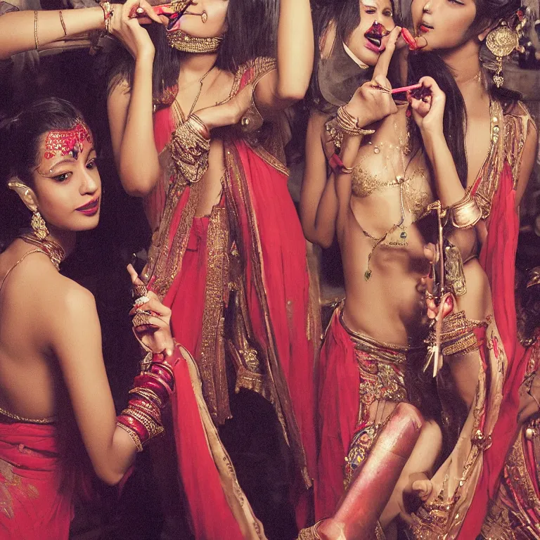 Image similar to bollywood hookah smoking nymphs, androgynous, sharp focus, neotenous, by chen man