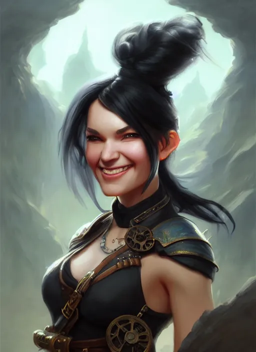 Image similar to a _ fantasy _ style _ portrait _ painting _ of woman, ponytail black hair, smile, round face, steampunk rpg dnd oil _ painting _ unreal _ 5 _ daz. _ rpg _ portrait _ extremely _ detailed _ artgerm _ greg _ rutkowski _ greg