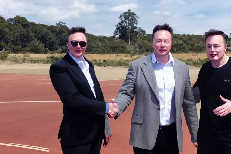 Image similar to jimmy donaldson!!! shaking hands with elon musk!!!