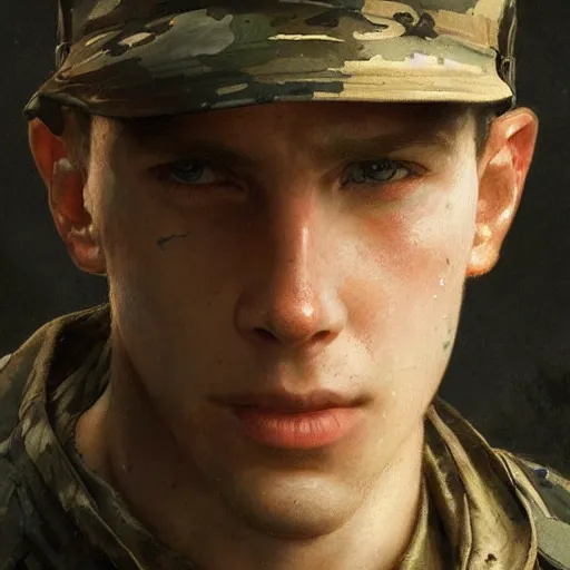 Prompt: A pale young american soldier as an Call of Duty loading screen, very detailed face, gorgeous, beautiful, intricate, highly detailed, digital painting, artstation, concept art, sharp focus, illustration, art by greg rutkowski and alphonse mucha