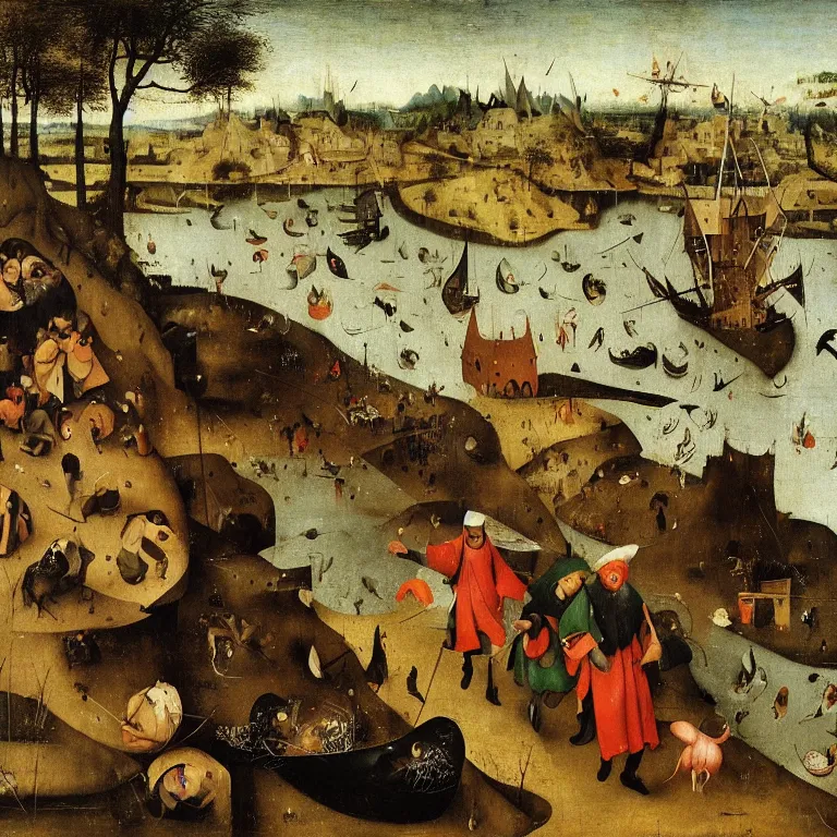 Image similar to The medium shot of three sarcastic mans with fishes running away with a small profit of money, thinking they've made a great deal, Grim Reaper laughs and follow them, by Hieronymus Bosch and Pieter Bruegel, super detailed oil painting, proportional faces, hyper realistic, 4k, masterpiece