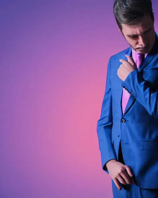 Image similar to man in blue suit with pink tie and purple shirt pondering, hyper realism, cinematic, volumetric lighting, intricate complexity, extremely detailed,