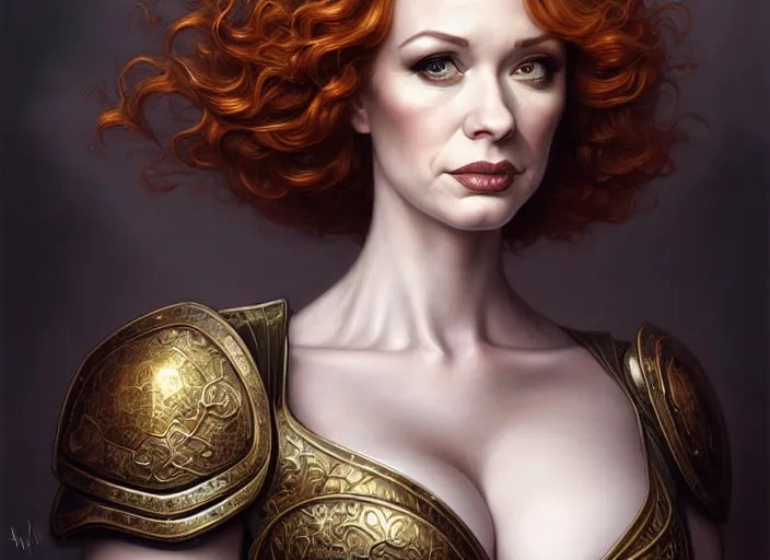 Image similar to wideangle!! portrait shot of christina hendricks wearing mideval armor, intricate, elegant, highly detailed, centered, digital painting, artstation, concept art, smooth, sharp focus, illustration, artgerm, tomasz alen kopera, peter mohrbacher, donato giancola, joseph christian leyendecker, wlop, boris vallejo