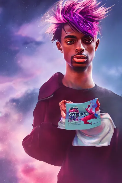 Prompt: Playboi Carti surrounded by red clouds, hyper realistic, octane render, stardust in atmosphere, purple liquid , realistic hair, award winning artwork, trending on artstation, high quality printing, fine art with subtle redshift rendering