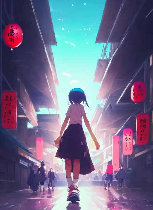 Prompt: girl in streetwear walking in a japanese summer festival, night, epic perspective, illustration concept art anime key visual trending pixiv fanbox by wlop and greg rutkowski and makoto shinkai and studio ghibli