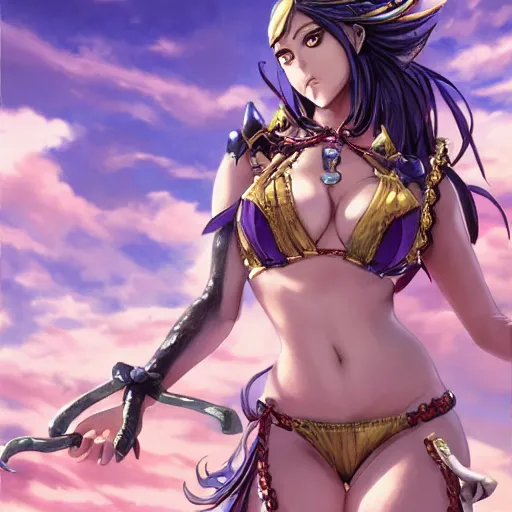 Image similar to photograph of pretty anime girl in bikini, jojo's bizarre adventure live action, fantasy, intricate, elegant, highly detailed, artstation, concept art, matte, sharp focus, illustration, hearthstone, art by artgerm and greg rutkowski