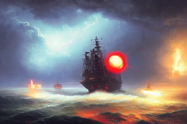 Image similar to A beautiful matte painting of huge spherical alien spaceship attacking with powerful red lasers Ship in ocean in thunderstorm by Greg Rutkowski and Ivan aivazovsky