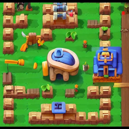 Image similar to a farming mobile game, cute, rounded house and cute character, funny, retro and fantasy style, clash royale style