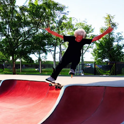 Prompt: my grandmother doing a kick-flip at the skatepark