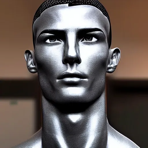 Prompt: “a realistic detailed photo of a guy who is an attractive humanoid who is half robot and half humanoid, who is a male android, Cristiano Ronaldo, shiny skin, posing like a statue, blank stare, press conference, on display”