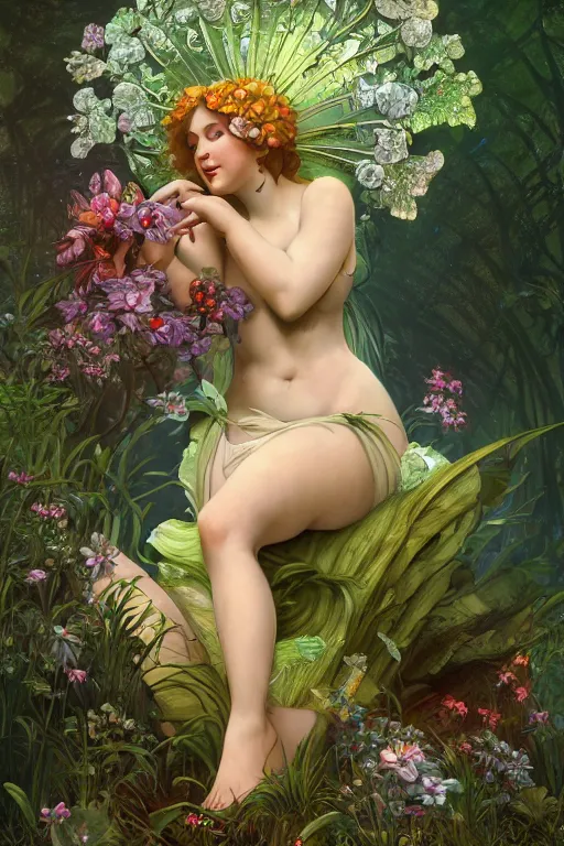 Prompt: Curvaceous fairy goddess sitting on a vivid flower in a lush green forest, Mark Arian, Alphonse Mucha, highly detailed, intricate, dynamic lighting, ambient lighting, octane render, 8k