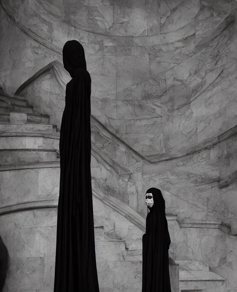 Image similar to several ritualistic figures shrouded in a long trailing dark black opaque gown, descending in tandem down a giant marble staircase away from a conference room, photorealism, hyperrealism, harsh lighting, dramatic lighting, medium shot, serious, gloomy, foreboding, cinematic, creepy