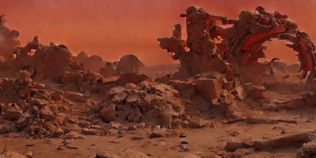 Image similar to ruins of an acient art deco civilization on mars, red desert, painted by ruan jia, raymond swanland, lawrence alma tadema, zdzislaw beksinski, norman rockwell, jack kirby, tom lovell, alex malveda, greg staples