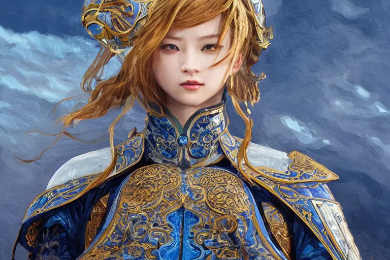 Image similar to portrait knights of Zodiac girl, Chinese Blue and white porcelain reflected armor, kung fu fighting in ruined Agora of Athens sunrise, ssci-fi, fantasy, intricate, very very beautiful, elegant, golden light, highly detailed, digital painting, artstation, concept art, smooth, sharp focus, illustration, art by tian zi and WLOP and alphonse mucha