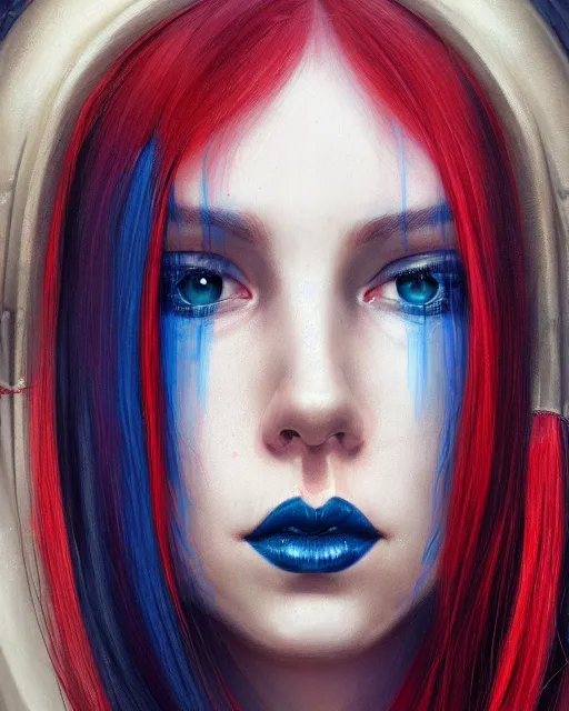 Image similar to A detailed matte oil on canvas head on symmetrical portrait of a distinguished elven woman with split red and blue hair on an empty background, by Charlie bowater, Wlop, trending on artstationhd, dungeons and dragons art, parted hair , half blue, half red , split dye, critical role