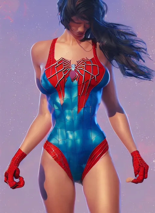 Image similar to spiderman in a plastic bikini, hyper detailed, digital art, trending in artstation, cinematic lighting, studio quality, smooth render, unreal engine 5 rendered, octane rendered, art style by klimt and nixeu and ian sprigger and wlop and krenz cushart