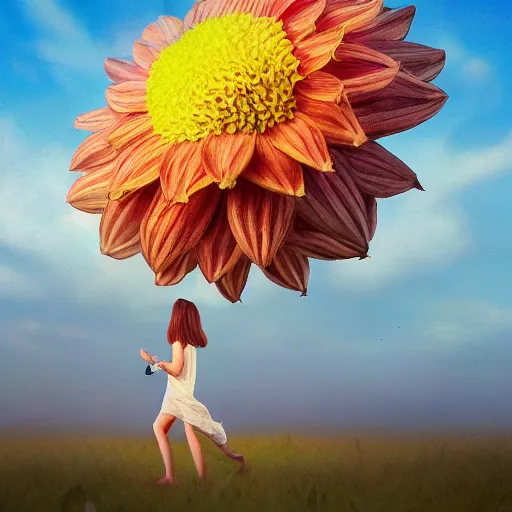 Image similar to closeup giant dahlia flower under head, a girl walking between the dunes, surreal photography, sunrise, blue sky, dramatic light, impressionist painting, digital painting, artstation, simon stalenhag