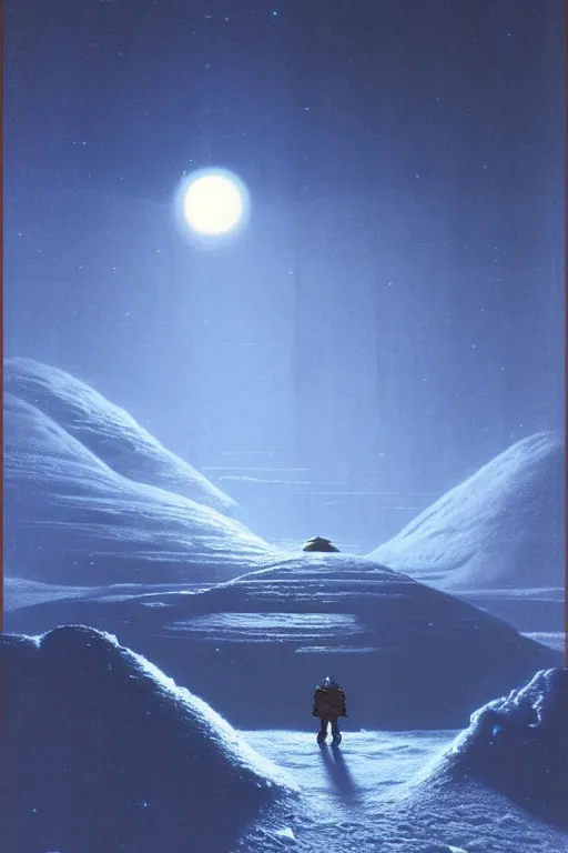 Prompt: emissary space by arthur haas and bruce pennington and john schoenherr, planet hoth, snowy mountains, blue hour, cinematic matte painting, 8 k, dark color palate,