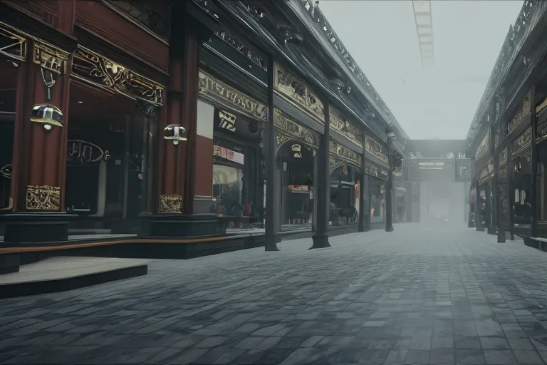 Prompt: first person point of view of a gunner on a victorian shopping mall, cinematic lightning, ray tracing, unreal engine 5, photorealistic, 8 k, uhd, 4 k, call of duty game concept, extremely detailed, beautiful, elegant, intricate, foggy, in - game footage