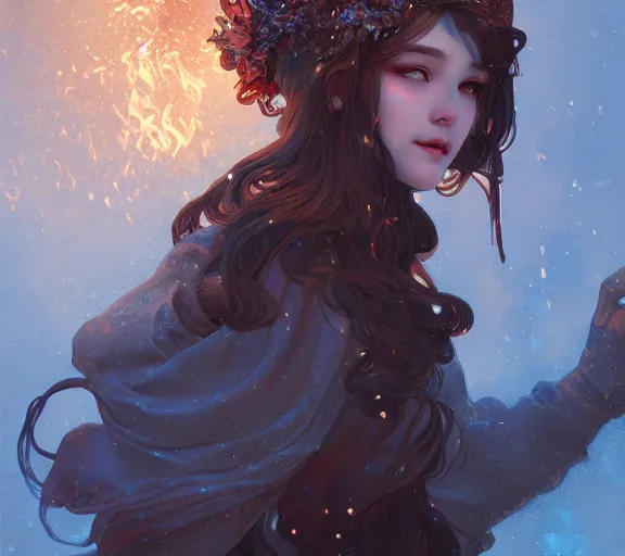 Prompt: beautiful ancient frost witch, fire in eye, snow glow, pool party, highly detailed, digital painting, artstation, sharp focus, illustration, art by tan zi and ayanamikodon and alphonse mucha and wlop!