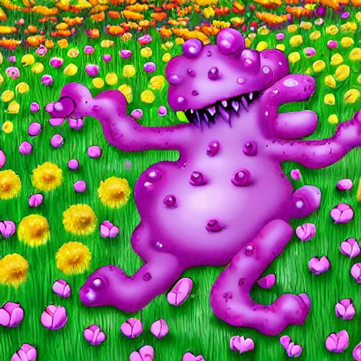 Image similar to A gelatinous monster roaming threw a flower field, landscape