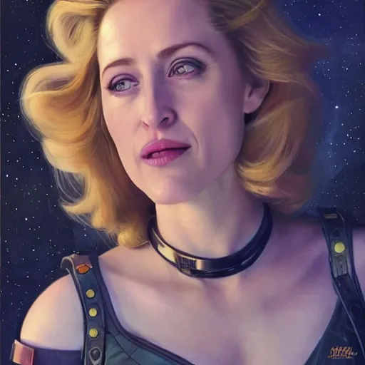 Prompt: young Gillian Anderson as a ruggedly beautiful retro SCI-FI space heroine 1985 , intricate, elegant, highly detailed, centered, digital painting, artstation, concept art, smooth, sharp focus, illustration, art by artgerm and donato giancola and Joseph Christian Leyendecker, Ross Tran, WLOP