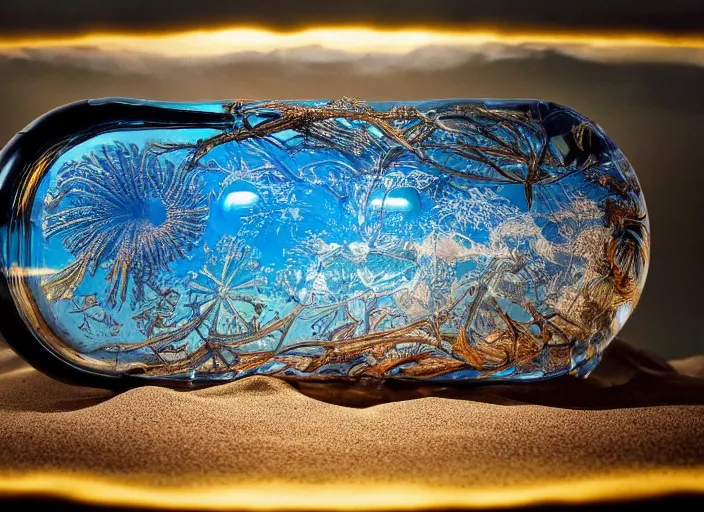 Prompt: a primordial landscape contained inside an ornate vintage glass bottle lying on its side on a beach, by charles vess, studio ghibli, james gurney, ernst haeckel, artstation, 8 k, beautiful light, hyperrealism, studio photography