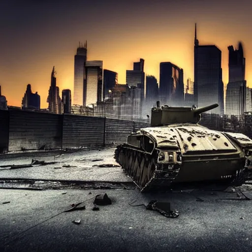 Prompt: low angle shot, destroyed tank in front of the new york skyline, reflections, award winning photograph, sunset, desolate, atmospheric
