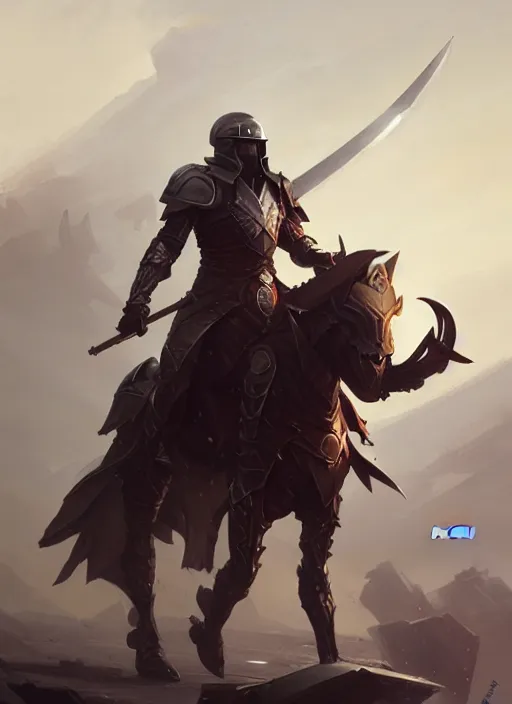 Image similar to epic war commander with futuristic helmet holding two gigantic sword and riding a standing horse. highly detailed, digital painting, concept art, smooth, sharp focus, illustration, art by greg rutkowski