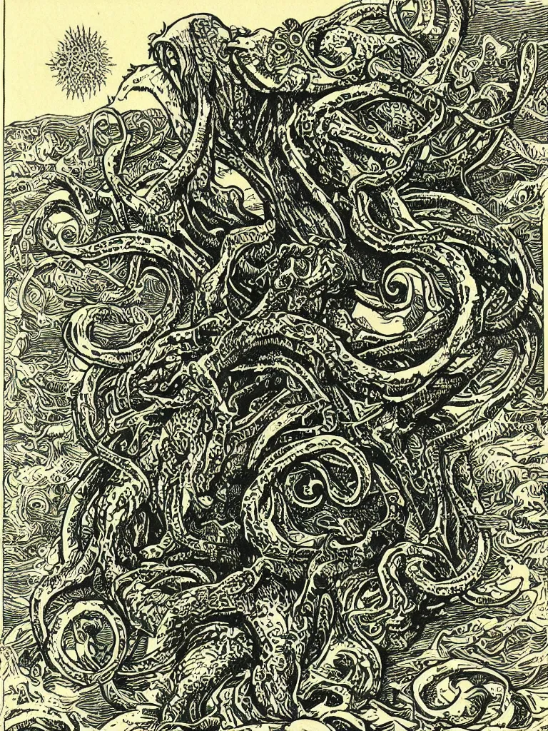 Image similar to old printmaking woodblock print of a intricately detailed tribute to the elder god cthulhu, beautiful dark fantasy, 8k detail