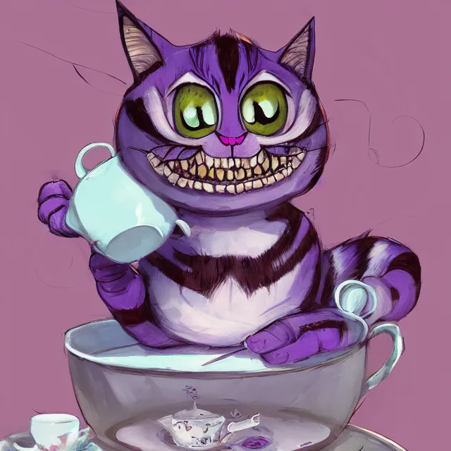 Image similar to cheshire cat drinking tea, by cory loftis, character art, art, very coherent, plain background, lighthearted, soft painting