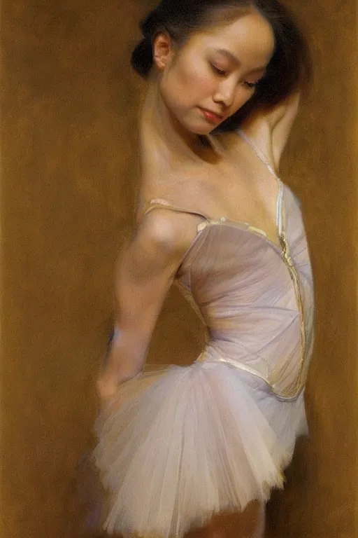 Prompt: portrait of a gorgeous graceful young filipina prima ballerina, by donato giancola and berthold woltze.