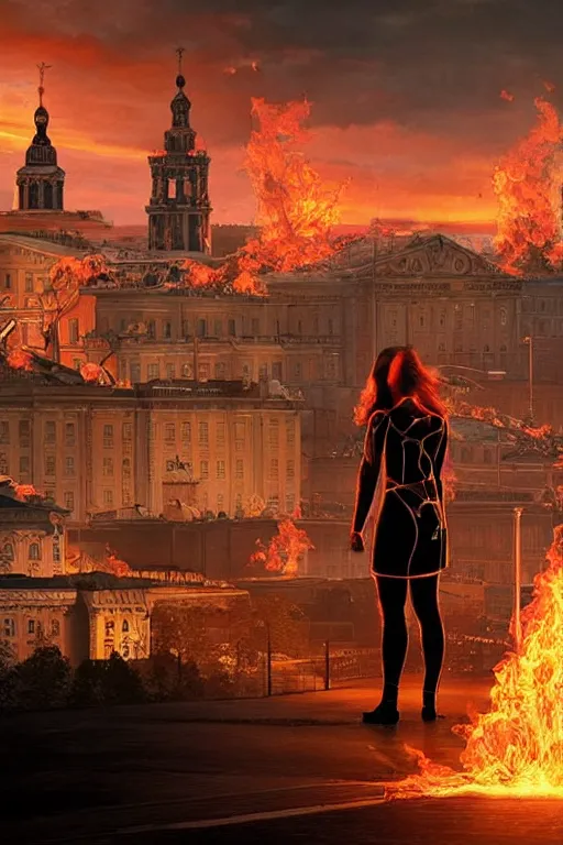 Image similar to in the foreground Saint Petersburg in cyberpunk, in the background a magnificent young blonde woman from behind playing with flames coming out of her hands wearing a long matrix-style jacket, realistic, high definition, many details, dramatic scene, symmetrical face, eyes realistic, art of alex ross