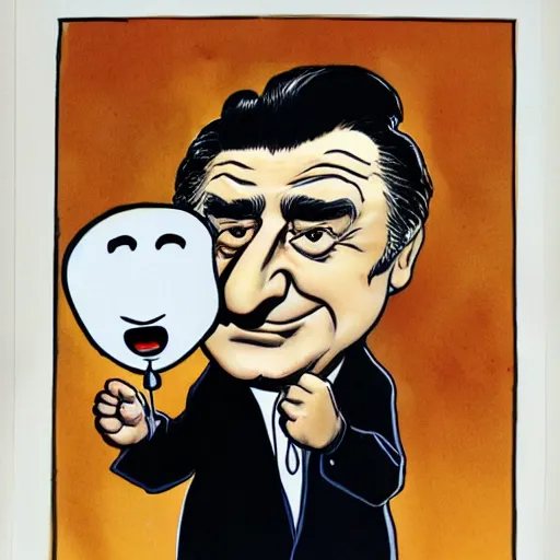 Image similar to cartoon caricature of scowling robert deniro holding a smiley face balloon by bill ward and hirschfeld