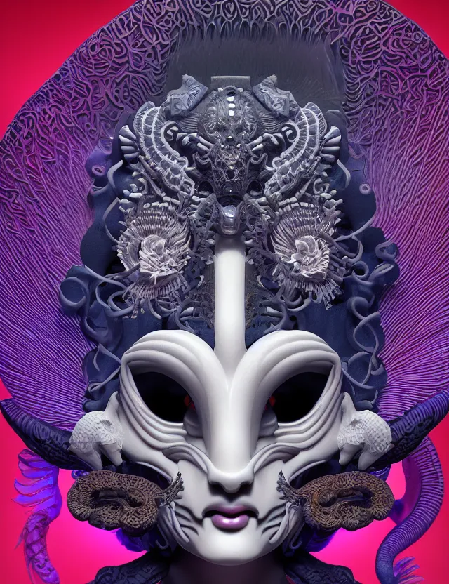 Image similar to 3 d goddess close - up frontal portrait with ram skull. beautiful intricately detailed japanese crow kitsune mask and clasical japanese kimono. betta fish, jellyfish phoenix, bio luminescent, plasma, ice, water, wind, creature, artwork by tooth wu and wlop and beeple and greg rutkowski