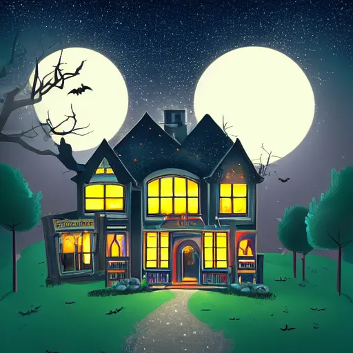 Prompt: very cute adorable digital Illustration of a Halloween house on a round small hill. Glaring lights coming out of the windows. backlit house, moon shining onto the house. Cinematic lighting, movie poster. Award winning digital illustration trending on artstation. art nouveau in the style of Émile Gallé. Very detailed and beautiful digital art