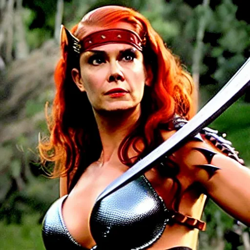 Image similar to nathaly portman as red sonja, action scene