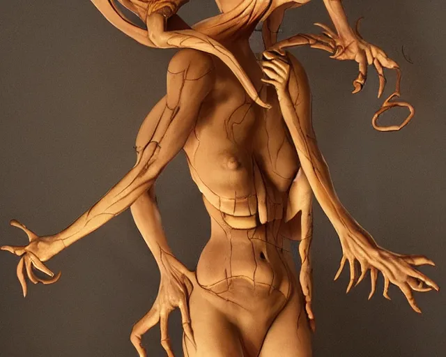 Image similar to extremely symmetrical full length character, eldritch horror creature with the body of a beautiful woman, sculpted by gian lorenzo bernini