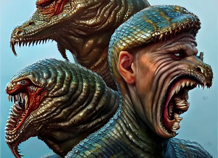 Image similar to hydra of lerna with two heads, one head is lloyd christmas, the other head is harry dunne ( from dumb and dumber ), serpentine water monster, d & d, fantasy, portrait, highly detailed, digital painting, trending on artstation, concept art, sharp focus, illustration, art by artgerm and craig mullins