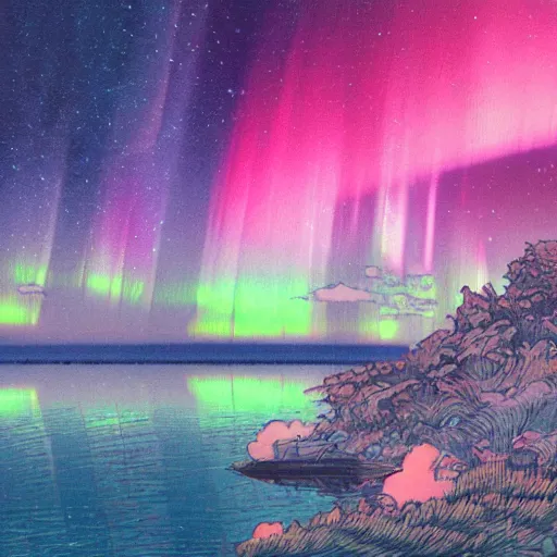 Prompt: the northern lights reflected on a lake at night, last exile, loish, yoshitoshi abe,, yuya nagai, Ilya Kuvshinov, murata range, jean giraud, makoto shinkai, kawaii, sketch, beautiful, dreamy,gradation, vibrant colors, matte print, high saturation, detailed, studio lighting, anime, manga