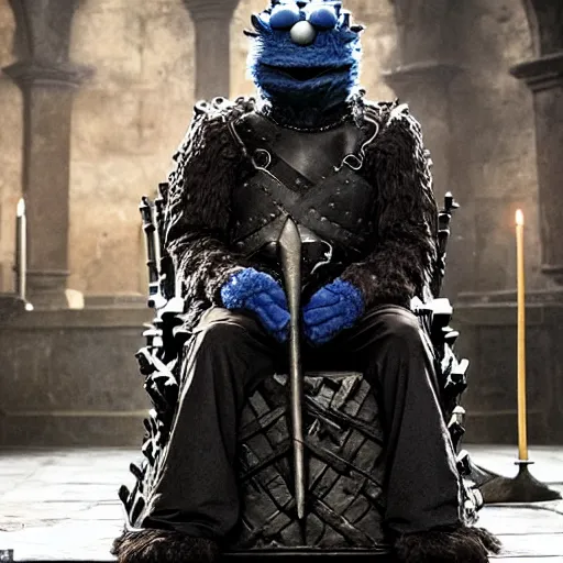 Image similar to cookie monster in game of thrones. sitting on the iron throne. looking evil.