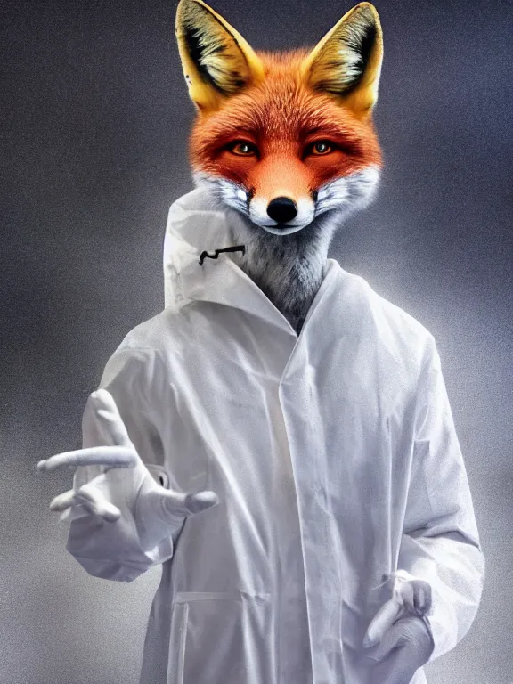 Image similar to a humanoid fox wearing a scientist white coat, chemicals on a white table in front of the fox, digital art, digital painting, masterpiece, anatomically correct, five fingers, cinematic, high coherence, realistic, high quality, highly detailed, 8 k, dramatic lighting, path traced, centered, high definition