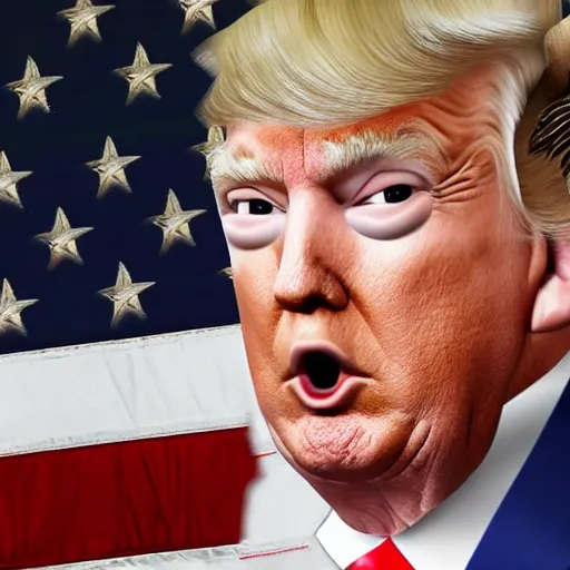 Image similar to Donald Trump holds a machine gun with an eagle on his shoulder, hd, dramatic, patriotic